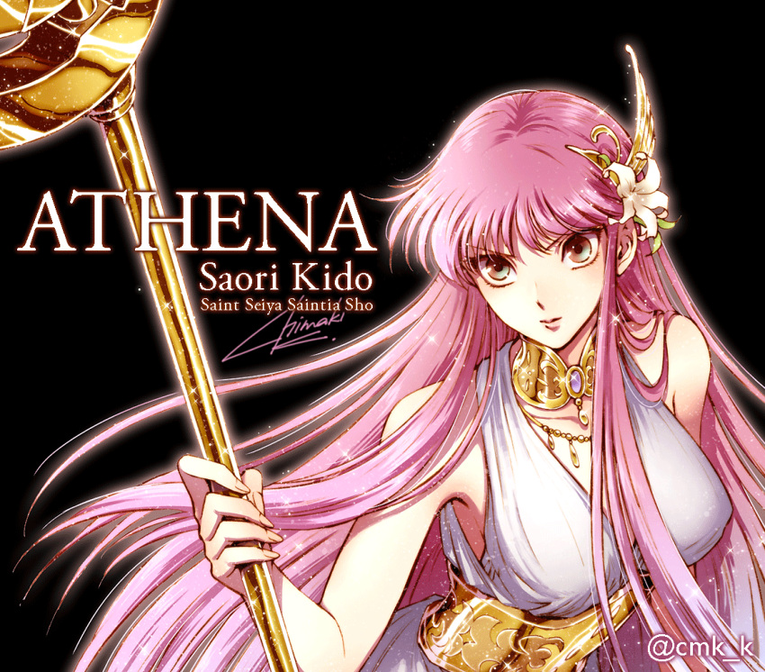 1girl athena_(saint_seiya) bangs bare_shoulders black_background breasts character_name collar commentary copyright_name dress eyebrows_visible_through_hair hair_ornament holding holding_staff jewelry kido_saori kuori_chimaki large_breasts lips long_hair necklace purple_hair saint_seiya saint_seiya_saintia_sho serious signature simple_background sleeveless sleeveless_dress solo sparkle staff twitter_username upper_body white_dress