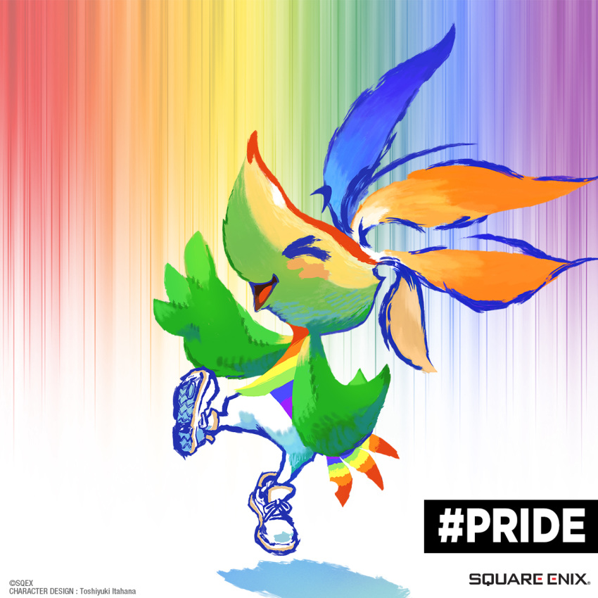 1:1 ambiguous_gender anthro avian blush clothing eyes_closed feathers footwear happy hi_res lgbt_pride multicolored_body multicolored_feathers official_art open_mouth pride_mascot_(square_enix) rainbow_background shoes simple_background solo square_enix toshiyuki_itahana video_games wings