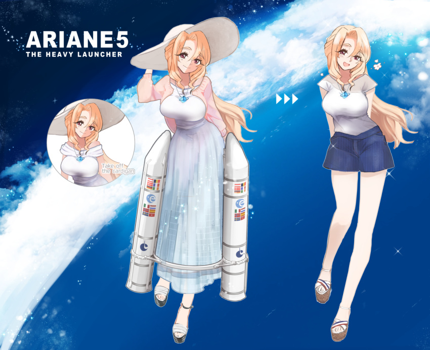 1girl :d ajisai-san_(pokkusu) ariane_5 ariane_5_(project_rocket_girls) arianespace arms_behind_back austrian_flag bangs belgian_flag blonde_hair breasts brown_eyes cardigan cloud danish_flag disconnected_mouth dress dutch_flag english_text eyebrows_visible_through_hair flag_print framed_breasts france french_flag german_flag hand_up hat head_tilt irish_flag italian_flag jewelry large_breasts long_legs looking_at_viewer multicolored multicolored_clothes multicolored_dress necklace ocean open_cardigan open_clothes open_mouth pendant pink_cardigan platform_footwear print_shirt print_shorts project_rocket_girls ringlets rocket sandals see-through shirt shirt_tucked_in short_sleeves shorts sidelocks smile space star_(sky) sun_hat swedish_flag swept_bangs swiss_flag t-shirt tall_female v-neck wavy_hair