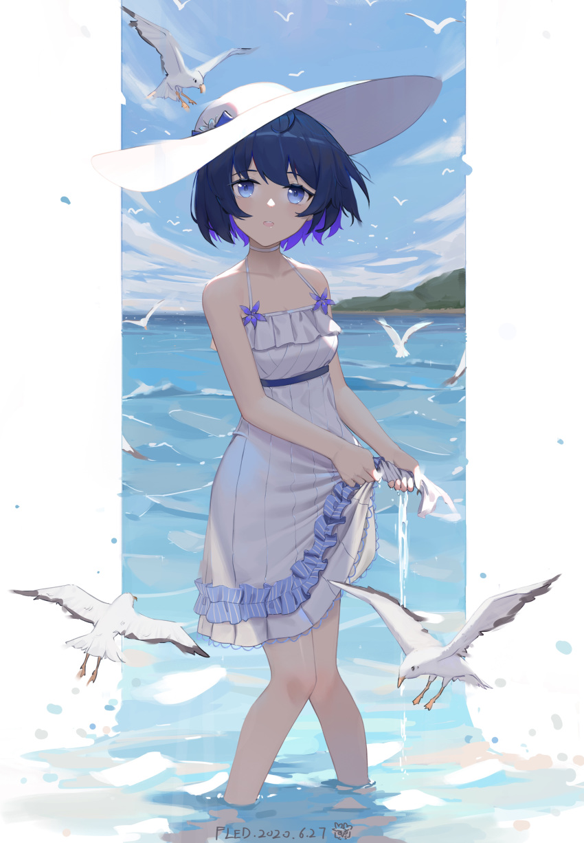 1girl absurdres artist_name backlighting bare_arms bare_shoulders bird black_hair blue_eyes blue_hair blue_sky commentary dated day dress fled frilled_dress frills halter_dress hat highres honkai_(series) honkai_impact_3rd looking_at_viewer multicolored_hair ocean open_mouth outdoors seagull seele_vollerei short_hair sky sleeveless sleeveless_dress solo standing sun_hat two-tone_hair wading wet wet_clothes wet_dress white_dress white_headwear wringing_clothes wringing_dress
