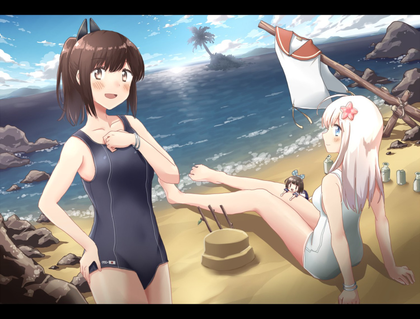 3girls ahoge any_(lucky_denver_mint) ass bangs bare_arms bare_legs bare_shoulders barefoot beach blue_sky blush bracelet breasts brown_eyes brown_hair cloud collarbone commentary_request day eyebrows_visible_through_hair fairy_(kantai_collection) flower hair_flower hair_ornament hairclip hand_on_hip horizon i-401_(kantai_collection) jewelry kantai_collection long_hair looking_at_viewer multiple_girls ocean one-piece_swimsuit one-piece_tan open_mouth orange_sailor_collar outdoors palm_tree ponytail ro-500_(kantai_collection) rock sailor_collar sand school_swimsuit short_hair short_ponytail side-tie_shirt sitting sky smile standing swimsuit tan tanline tree water