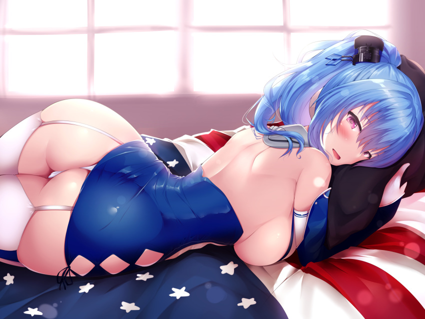 1girl american_flag ass azur_lane bare_back bare_shoulders blue_dress blue_hair blush breasts commentary_request dress garter_straps highres large_breasts looking_at_viewer lying nksk on_stomach open_mouth panties pillow pink_eyes short_hair solo st._louis_(azur_lane) thighhighs underwear uniform white_legwear white_panties