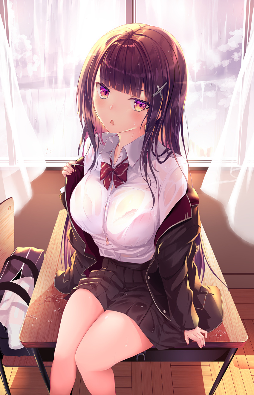 1girl backlighting bag black_hair black_jacket black_skirt blazer bow bowtie bra_through_clothes breasts button_gap buttons classroom collared_shirt curtains day desk dress_shirt frown hair_ornament haruka_natsuki highres indoors jacket large_breasts long_hair long_sleeves looking_at_viewer miniskirt off_shoulder on_desk open_clothes open_jacket open_mouth original pleated_skirt purple_eyes rain school_bag school_desk school_uniform see-through shirt shirt_tucked_in sitting sitting_on_desk skirt solo thighs towel water wet wet_clothes wet_shirt white_shirt window x_hair_ornament