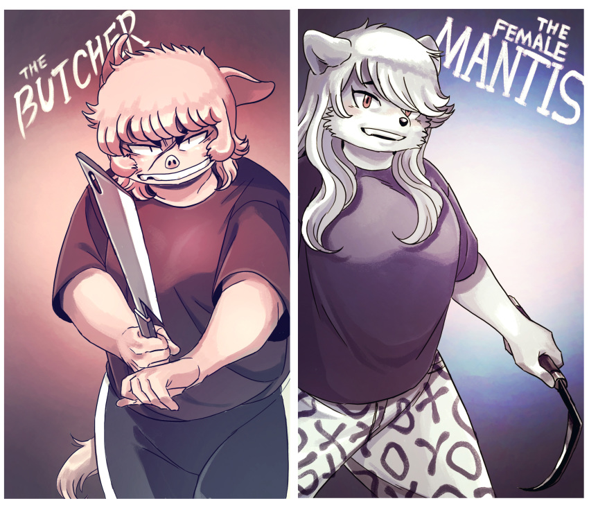 anthro big_breasts breasts butcher_knife canid canine canis cleaver_(knife) cutlery domestic_dog domestic_pig duo face_scar female female/female fur hi_res kishū_inu kitchen_knife kitchen_utensils knife korean_jindo mammal mixed_breed red_eyes ryong-ga_(ryonggay) ryonggay sickle slightly_chubby spitz suid suina sus_(pig) tools white_body white_fur yong-sil_(ryonggay)