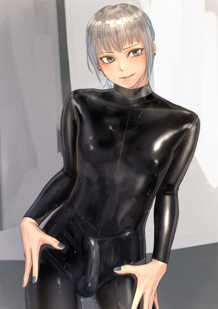 1boy blonde_hair bodysuit contrapposto covered_nipples cowboy_shot earrings erection erection_under_clothes grey_eyes highres jewelry kilye_4421 latex_bodysuit mole mole_under_mouth nail_polish original siki skin_tight smile testicles wet