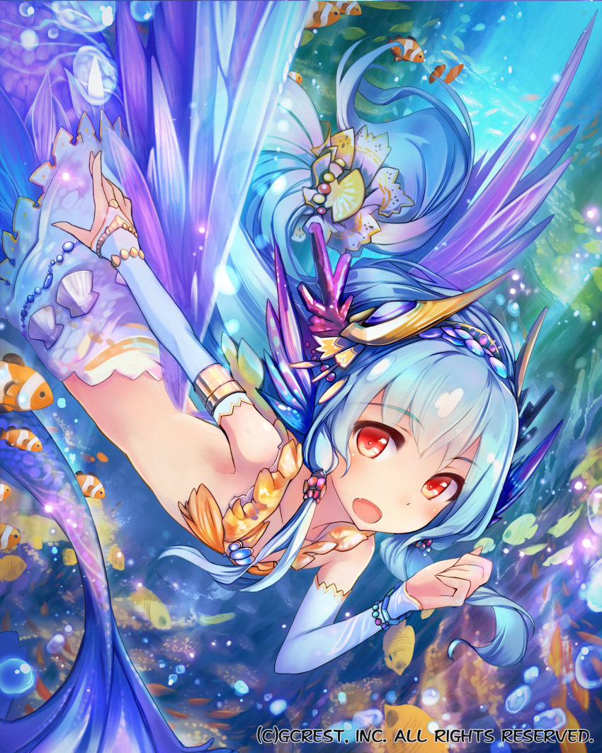 1girl air_bubble armlet bangs blue_hair bracelet bridal_gauntlets bubble collarbone copyright_name coral_hair_ornament dragon's_shadow eyebrows_visible_through_hair fang fish hair_ornament hairband hairstyle_request head_fins highres jewelry long_hair looking_at_viewer mermaid monster_girl official_art red_eyes skirt solo underwater virus_(obsession)