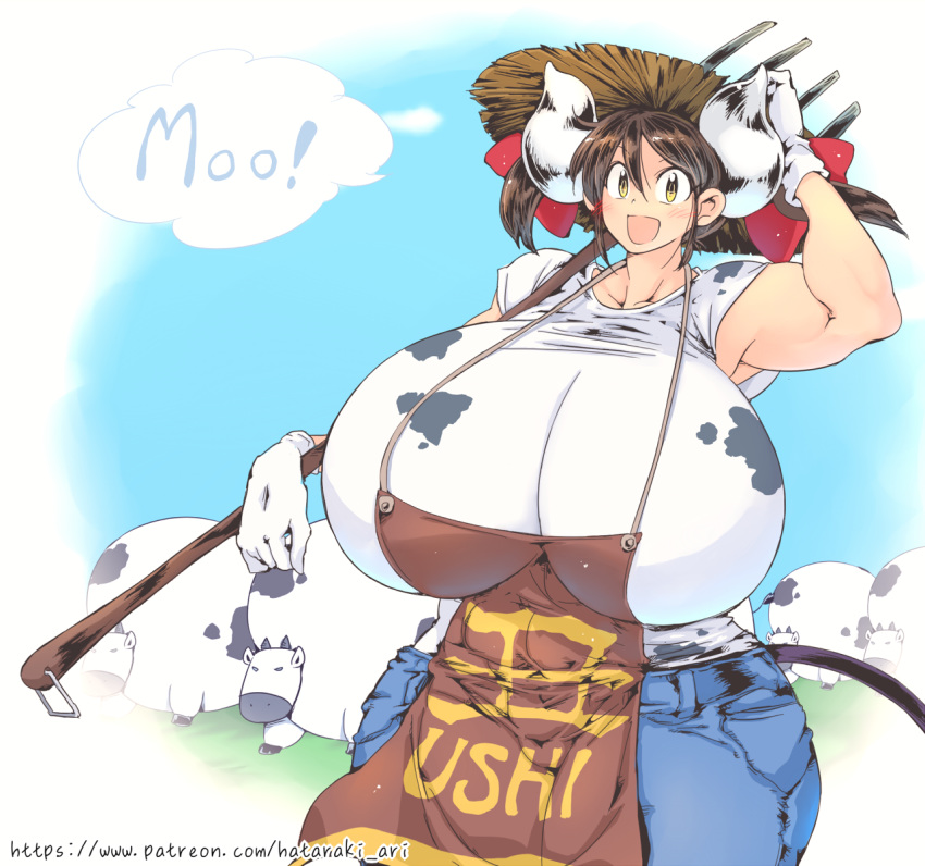 :d ambiguous_gender animal_humanoid animal_print apron big_breasts blush bottomwear bovid bovid_humanoid bovine bovine_humanoid breasts brown_hair cattle cattle_humanoid clothed clothing cow_print english_text female feral gloves group hair handwear hat hataraki_ari headgear headwear hi_res holding_object horn huge_breasts humanoid humanoid_focus jeans mammal mammal_humanoid pants patreon_url pigtails pitchfork shirt smile solo_focus sukimi_(hataraki) text tools topwear yellow_eyes