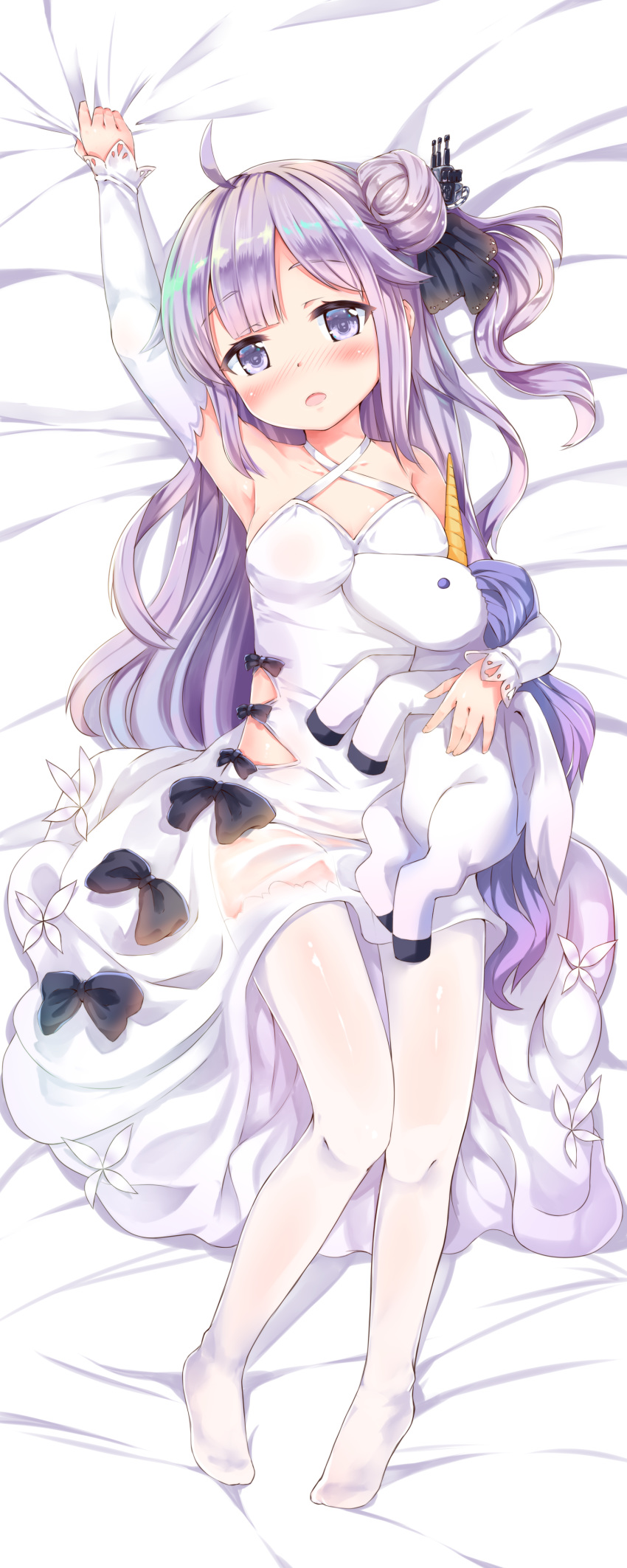 1girl absurdres arm_up armpits azur_lane bed blush breasts dakimakura dexp dress full_body hair_bun highres long_hair lying on_back open_mouth purple_eyes purple_hair see-through sheet_grab side_ponytail small_breasts solo stuffed thighhighs unicorn_(azur_lane) white_dress white_legwear