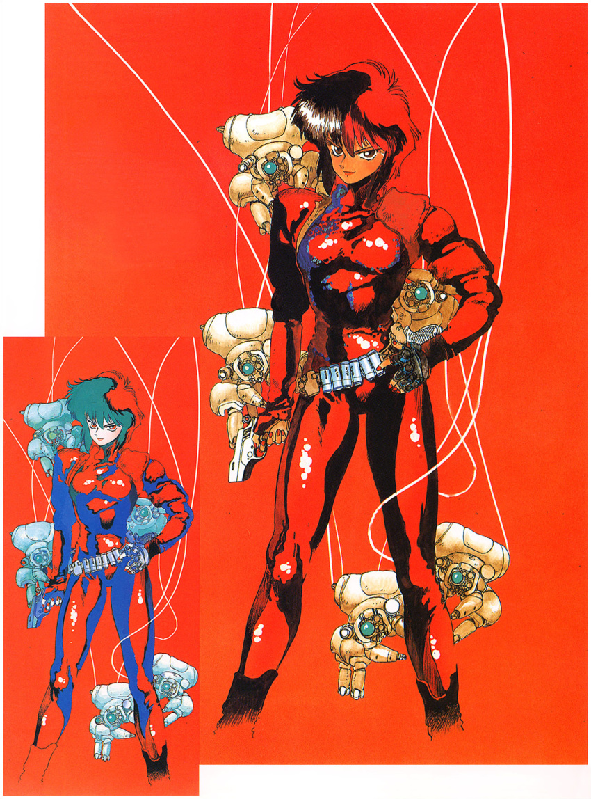 1990s_(style) 1girl belt black_hair bodysuit fingerless_gloves ghost_in_the_shell gloves green_hair gun handgun highres holding holding_gun holding_weapon kusanagi_motoko official_art red_theme robot scan shirou_masamune short_hair utility_belt variations weapon wire