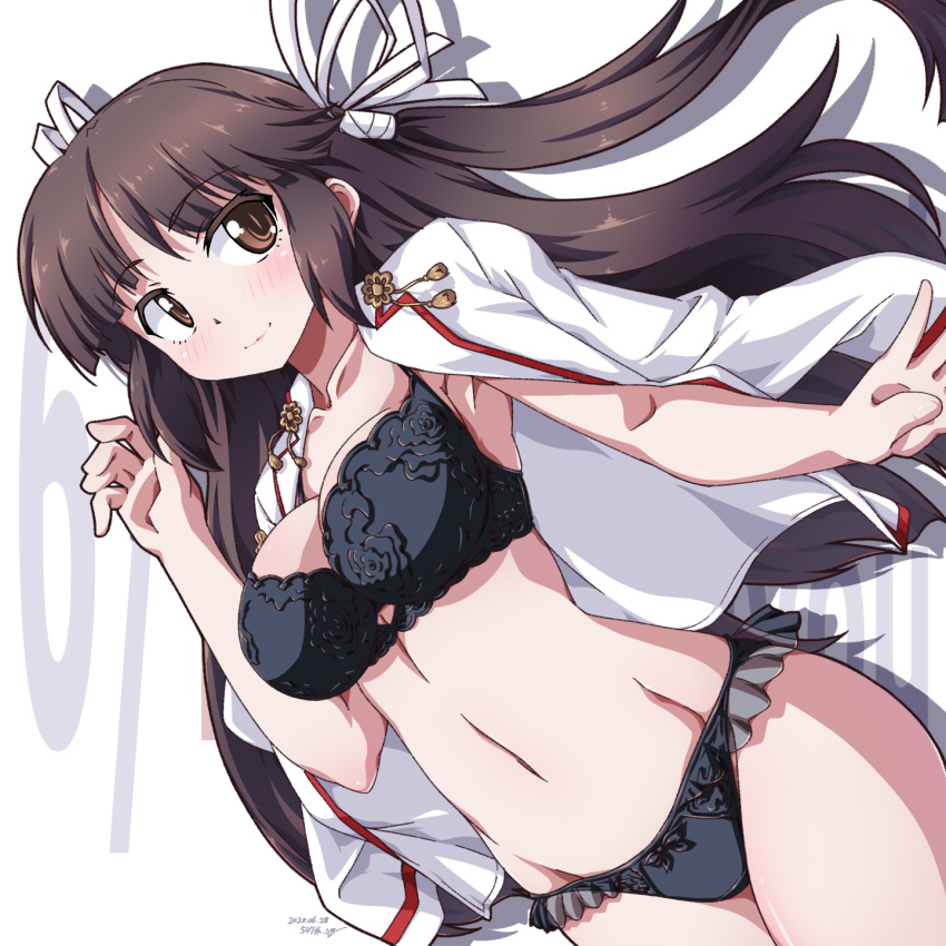 1girl 547th_sy bangs black_bra black_hair black_panties bra brown_eyes commentary_request cowboy_shot dress_shirt hair_ribbon highres hime_cut hiyou_(kantai_collection) kantai_collection lingerie long_hair long_sleeves looking_at_viewer open_clothes open_shirt panties ribbon shirt shirt_on_shoulders smile solo standing underwear white_ribbon white_shirt