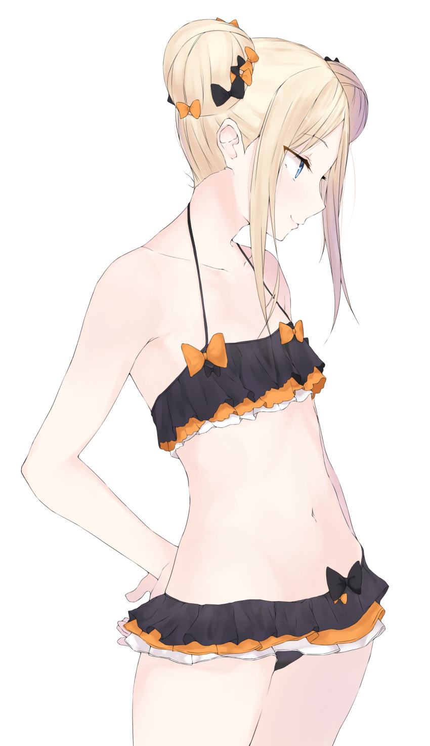 1girl abigail_williams_(fate/grand_order) arms_behind_back bangs bare_shoulders bikini black_bikini black_bow black_skirt blonde_hair blue_eyes blush bow breasts closed_mouth collarbone double_bun emerald_float fate/grand_order fate_(series) forehead frilled_bikini frills highres long_hair looking_to_the_side microskirt multiple_bows navel orange_bow parted_bangs parusu_(ehyfhugj) sidelocks simple_background skirt small_breasts smile swimsuit thighs white_background