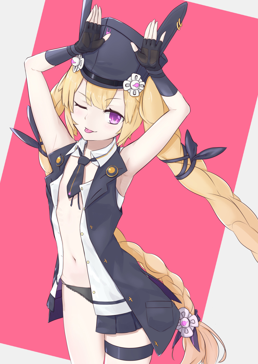 1girl absurdres armpits arms_up black_gloves black_panties blonde_hair braid commentary_request girls_frontline gloves grey_background hair_ribbon hat highres lapel_pin long_hair looking_at_viewer mari0ball navel necktie one_eye_closed open_clothes open_shirt open_vest panties pink_background purple_eyes rabbit_pose ribbon short_necktie solo sr-3mp_(girls_frontline) thigh_strap twintails underwear very_long_hair vest