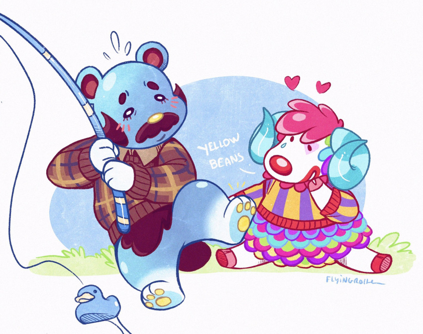 &lt;3 2020 animal_crossing anthro beardo_(animal_crossing) blue_body blue_fur blush bovid caprine duo english_text facial_hair fishing flyingrotten fur hi_res male mammal mustache nintendo pietro_(animal_crossing) sheep sitting text ursid video_games