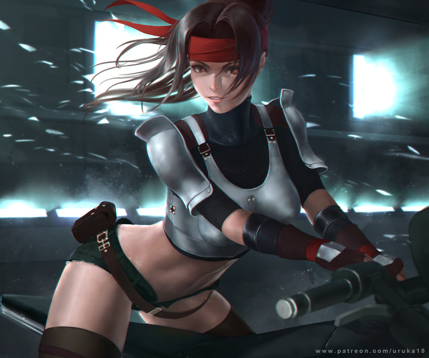 1girl belt belt_pouch black_shorts boobplate breastplate breasts brown_legwear crop_top cutoffs final_fantasy final_fantasy_vii final_fantasy_vii_remake gloves ground_vehicle headband highres impossible_armor jessie_rasberry loose_belt medium_breasts motor_vehicle motorcycle nose open_fly pink_lips ponytail pouch red_gloves red_headband short_shorts shorts shoulder_armor solo straddling thighhighs thighs toned uruka_18