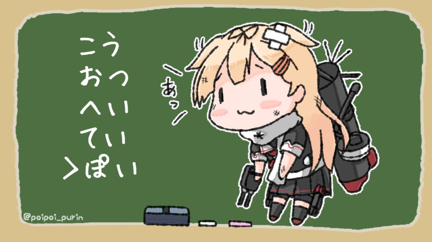 1girl :3 black_ribbon black_serafuku black_skirt blonde_hair blush_stickers chalk chalkboard chibi classroom_eraser commentary_request green_background hair_flaps hair_ornament hair_ribbon hairclip kantai_collection long_hair machinery neckerchief poipoi_purin red_neckwear remodel_(kantai_collection) ribbon scarf school_uniform serafuku skirt solo translation_request white_scarf yuudachi_(kantai_collection) ||_||