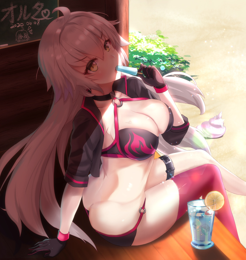 1girl absurdres ahoge artist_request ass bangs bikini black_bikini black_choker black_gloves black_jacket blush breasts choker cleavage collarbone cropped_jacket cup eating fate/grand_order fate_(series) food fruit gloves highres jacket jeanne_d'arc_(alter_swimsuit_berserker) jeanne_d'arc_(fate)_(all) large_breasts lemon lemon_slice long_hair long_sleeves looking_at_viewer o-ring open_mouth popsicle red_legwear shrug_(clothing) silver_hair single_thighhigh sitting swimsuit thigh_strap thighhighs very_long_hair yellow_eyes