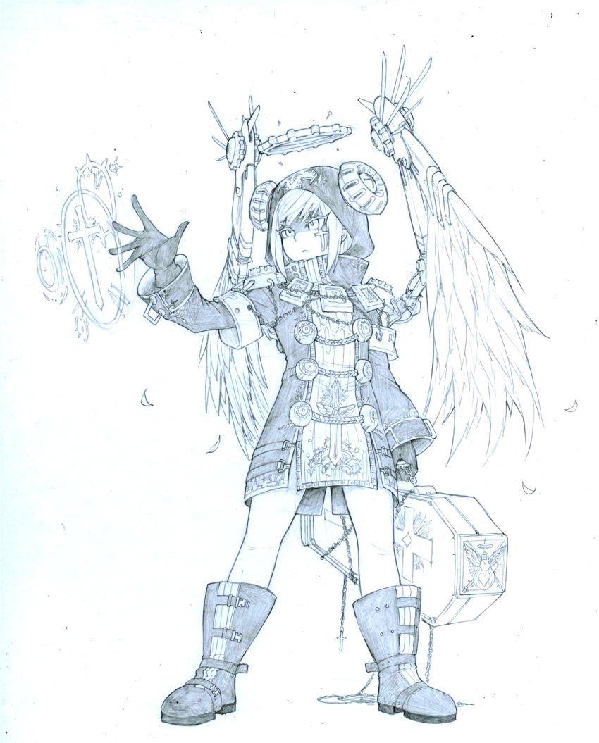 1girl absurdres boots chain closed_mouth coffin cross feathered_wings feathers gloves greyscale halo highres holding hood hood_up magic mechanical mechanical_halo mechanical_wings medium_hair monochrome original pauldrons priest shoulder_armor simple_background sketch solo standing traditional_media white_background wings zenes_9440