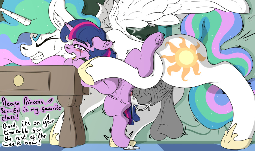 ahegao animal_genitalia animal_penis balls crossgender duo equid equine equine_penis female female_penetrated feral feral_on_feral feral_penetrated feral_penetrating feral_penetrating_feral friendship_is_magic genitals gynomorph_(lore) hasbro hi_res horn leg_glider_position looking_pleasured mackstack mammal my_little_pony penetration penis princess_celestia_(mlp) raised_leg saggy_balls sex size_difference smaller_female twilight_sparkle_(mlp) unicorn vaginal vaginal_penetration winged_unicorn wings