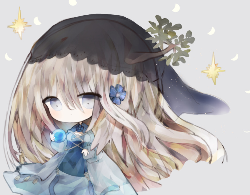 1girl bangs blue_dress blue_eyes blush breasts brown_hair character_request chibi closed_mouth commentary_request cottontailtokki dress grey_background hair_between_eyes hair_ornament highres holding long_hair long_sleeves looking_away medium_breasts puffy_long_sleeves puffy_sleeves see-through shadowverse simple_background solo tree_branch veil very_long_hair