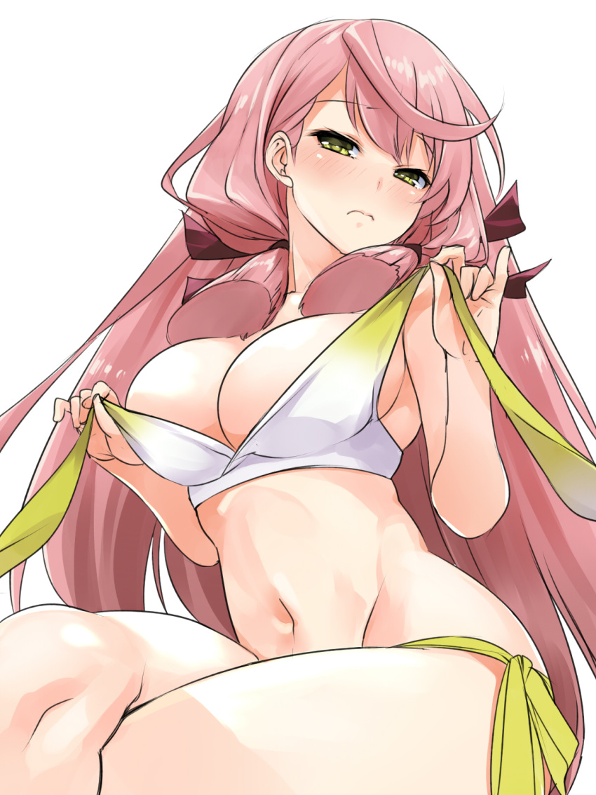 1girl akashi_(kantai_collection) bikini breasts cleavage cowboy_shot gradient_bikini green_eyes hair_ribbon highres kantai_collection large_breasts long_hair looking_at_viewer pink_hair ribbon side-tie_bikini simple_background sitting solo swimsuit takase_muu tress_ribbon white_background white_bikini