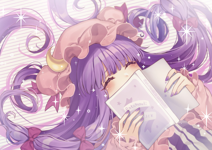 1girl blush book bow character_name closed_eyes commentary_request covering_mouth crescent crescent_moon_pin english_text eyebrows_visible_through_hair flustered hair_bow hat hat_ribbon holding holding_book kyouda_suzuka long_hair long_sleeves lying mob_cap nail_polish on_back open_book patchouli_knowledge purple_hair red_bow red_ribbon ribbon solo sparkle striped striped_background touhou upper_body very_long_hair