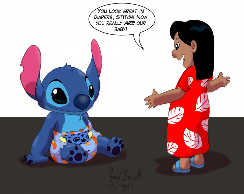 2019 4_fingers 4_toes alien avionscreator blue_body blue_fur blue_nose blue_pawpads child clothed clothing dialogue diaper disney dress duo english_text experiment_(lilo_and_stitch) fingers footwear fur human lilo_and_stitch lilo_pelekai mammal muumuu notched_ear pawpads pink_inner_ear sandals signature sitting smile speech_bubble stitch_(lilo_and_stitch) text toes young