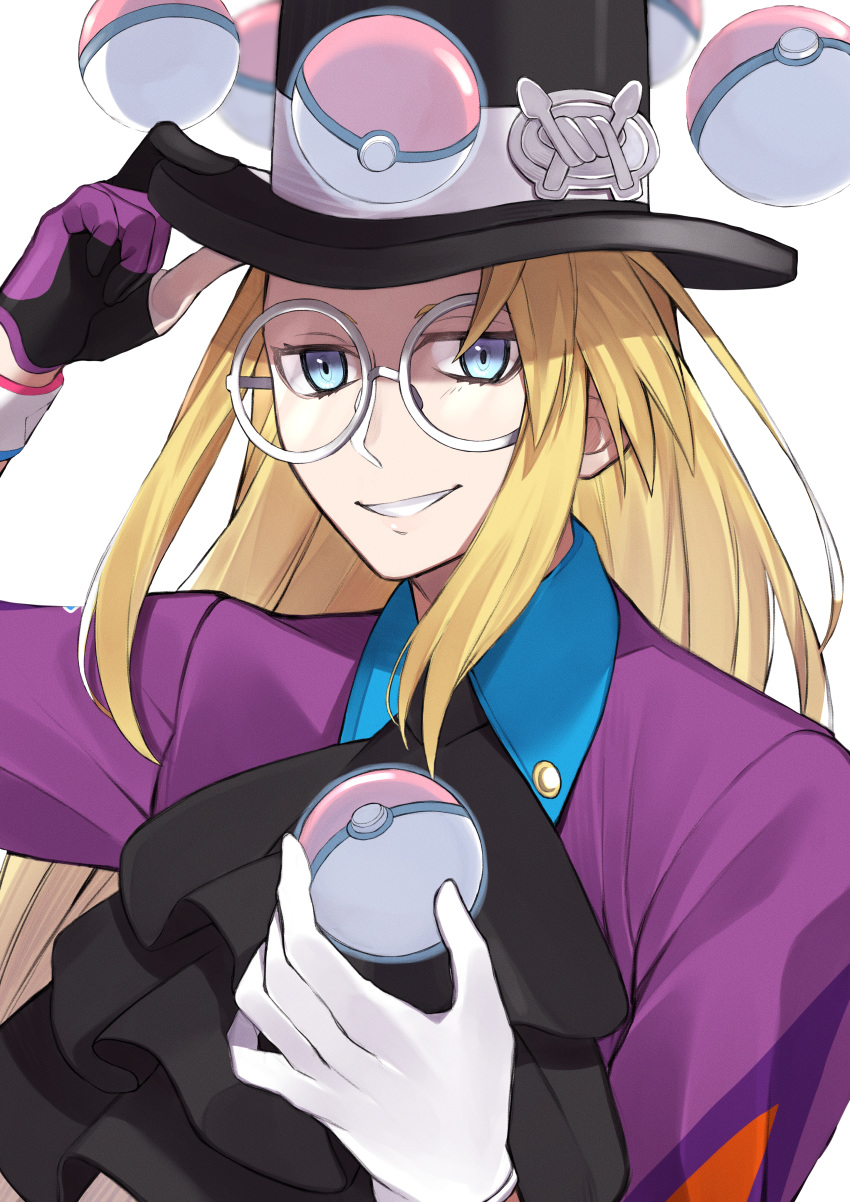 1boy absurdres black_headwear blonde_hair blue_collar blue_eyes collar collared_shirt commentary_request cravat dynamax_band eyelashes floating glasses gloves hand_on_headwear hat highres huge_filesize kamekiti long_hair looking_at_viewer male_focus poke_ball poke_ball_(generic) pokemon pokemon_(game) pokemon_swsh round_eyewear savory_(pokemon) shirt single_glove solo teeth telekinesis top_hat white-framed_eyewear wristband