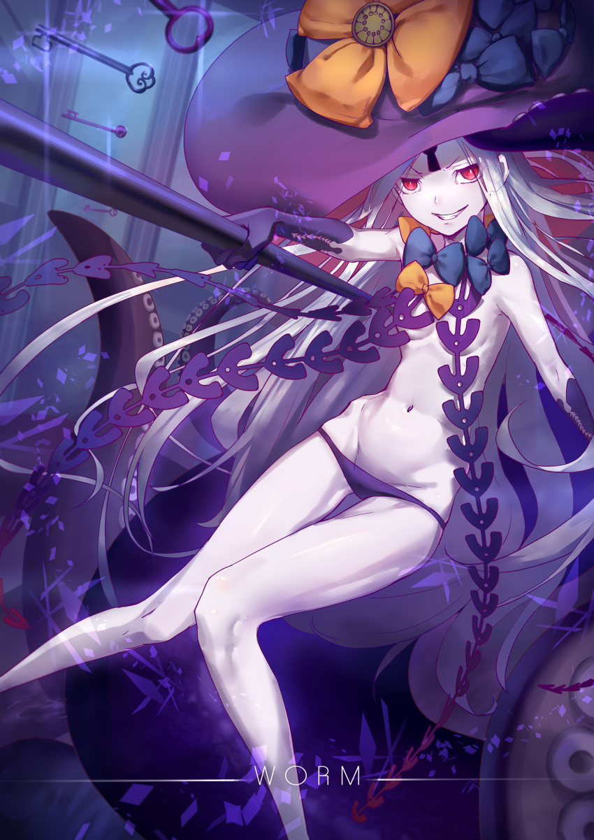 1girl abigail_williams_(fate/grand_order) absurdres breasts commentary emaciated english_text fate/grand_order fate_(series) grin hat hei_huo_chong highres holding_key key keyhole knees_together_feet_apart long_hair looking_at_viewer lowleg lowleg_panties pale_skin panties red_eyes revealing_clothes small_breasts smile solo teeth thigh_gap underwear v-shaped_eyebrows very_long_hair white_hair witch_hat