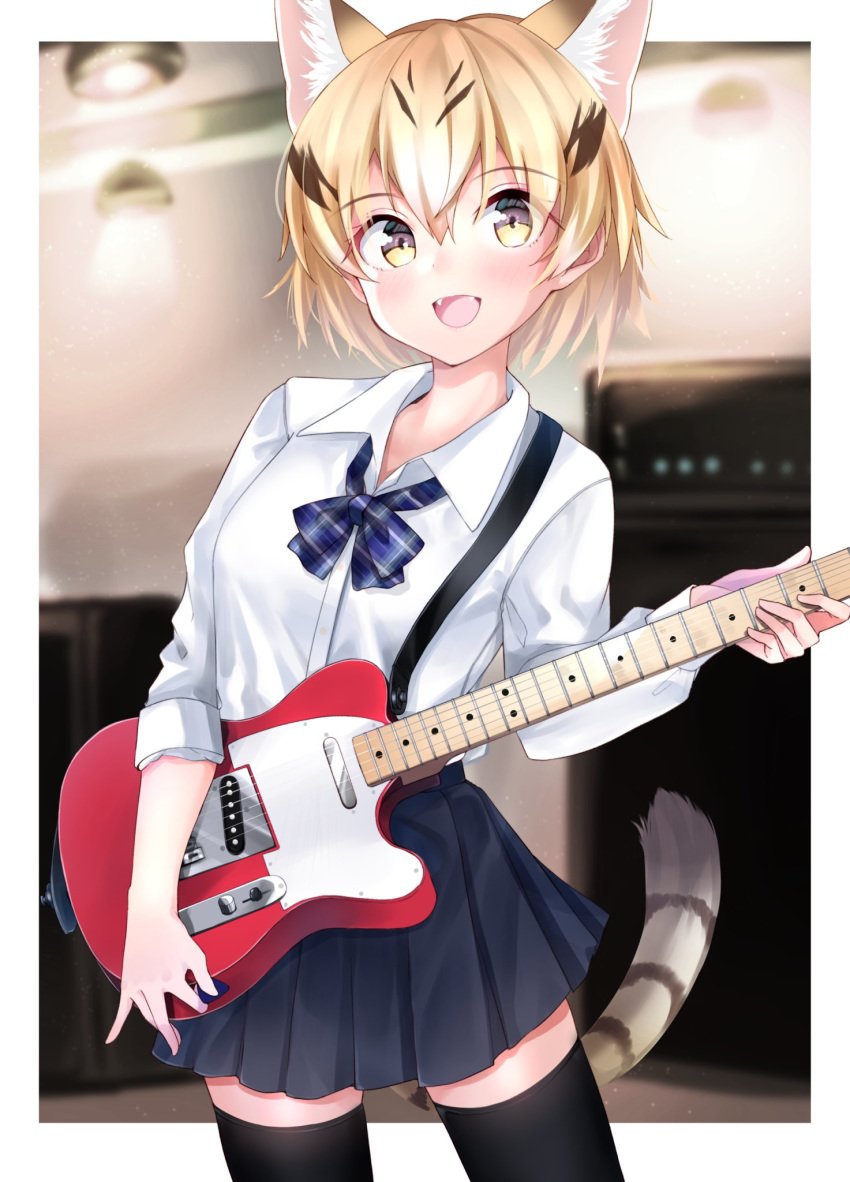 1girl alternate_costume animal_ears black_hair blonde_hair blue_neckwear blush bow bowtie brown_hair cat_ears cat_girl cat_tail collared_shirt commentary_request extra_ears eyebrows_visible_through_hair fang guitar highres instrument kemono_friends kinou_no_shika long_sleeves multicolored_hair navy_blue_skirt open_mouth plaid_neckwear pleated_skirt plectrum sand_cat_(kemono_friends) school_uniform shirt short_hair skirt sleeves_rolled_up solo tail thighhighs white_shirt yellow_eyes zettai_ryouiki