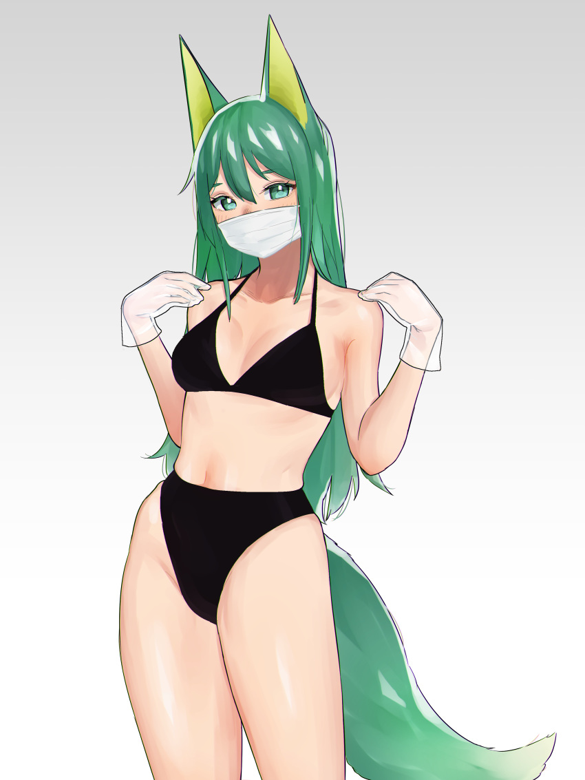 1girl absurdres animal_ears bikini black_bikini blush breasts gloves gradient gradient_background green_eyes green_hair hair_between_eyes highres long_hair looking_at_viewer mask navel nezuko original solo swimsuit tail white_gloves