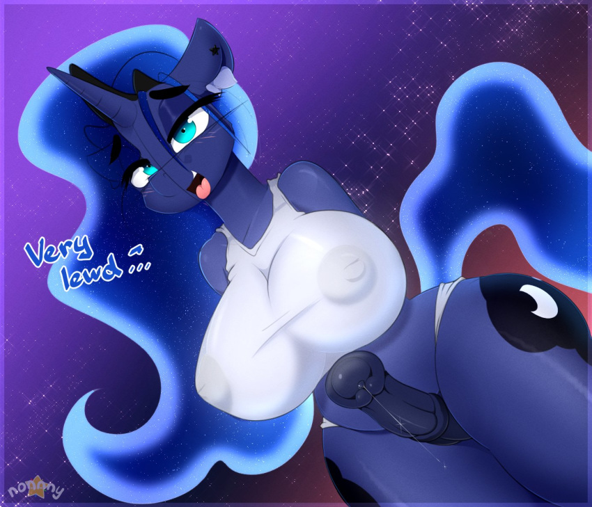 animal_genitalia animal_penis anthro big_breasts breasts dialogue equid equine_penis friendship_is_magic genitals gynomorph hasbro intersex mammal my_little_pony n0nnny nipple_outline penis princess_luna_(mlp) wide_hips