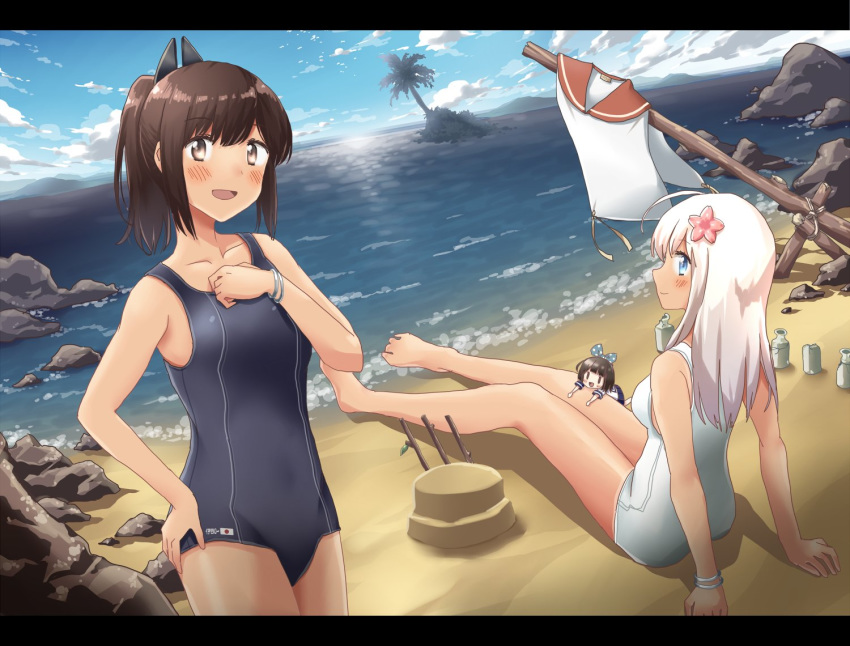 3girls ahoge any_(lucky_denver_mint) ass bangs bare_arms bare_legs bare_shoulders barefoot beach blue_sky blush bracelet breasts brown_eyes brown_hair cloud collarbone commentary_request day eyebrows_visible_through_hair fairy_(kantai_collection) flower hair_flower hair_ornament hairclip hand_on_hip horizon i-401_(kantai_collection) jewelry kantai_collection long_hair looking_at_viewer multiple_girls ocean one-piece_swimsuit one-piece_tan open_mouth orange_sailor_collar outdoors palm_tree ponytail revision ro-500_(kantai_collection) rock sailor_collar sand school_swimsuit short_hair short_ponytail side-tie_shirt sitting sky smile standing swimsuit tan tanline tree water