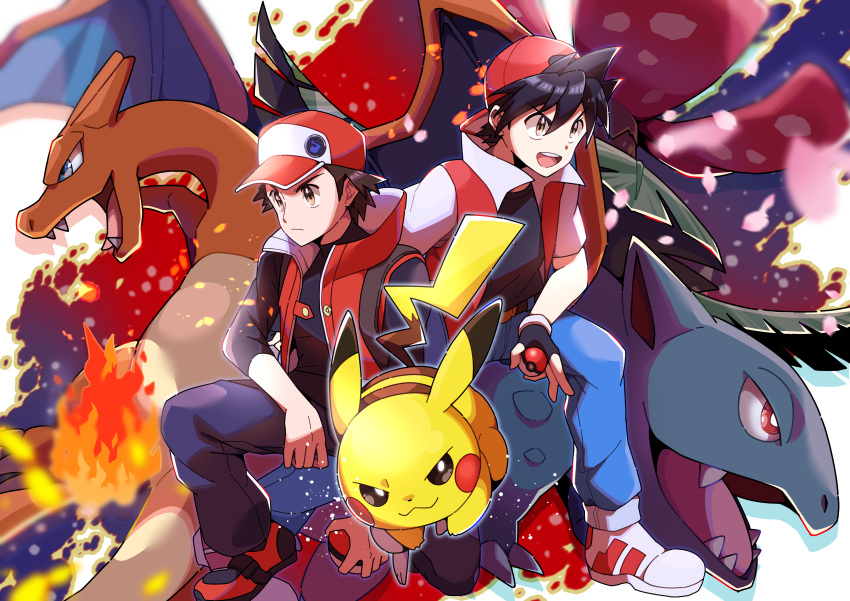 2boys absurdres baseball_cap black_hair blue_pants charizard closed_mouth dual_persona fingerless_gloves gen_1_pokemon gloves hat highres holding holding_poke_ball making-of_available multiple_boys open_mouth pants pikachu poke_ball poke_ball_(generic) pokemon pokemon_(creature) pokemon_(game) pokemon_masters pokemon_special pon_yui red_(pokemon) shoes teeth tongue v-shaped_eyebrows venusaur