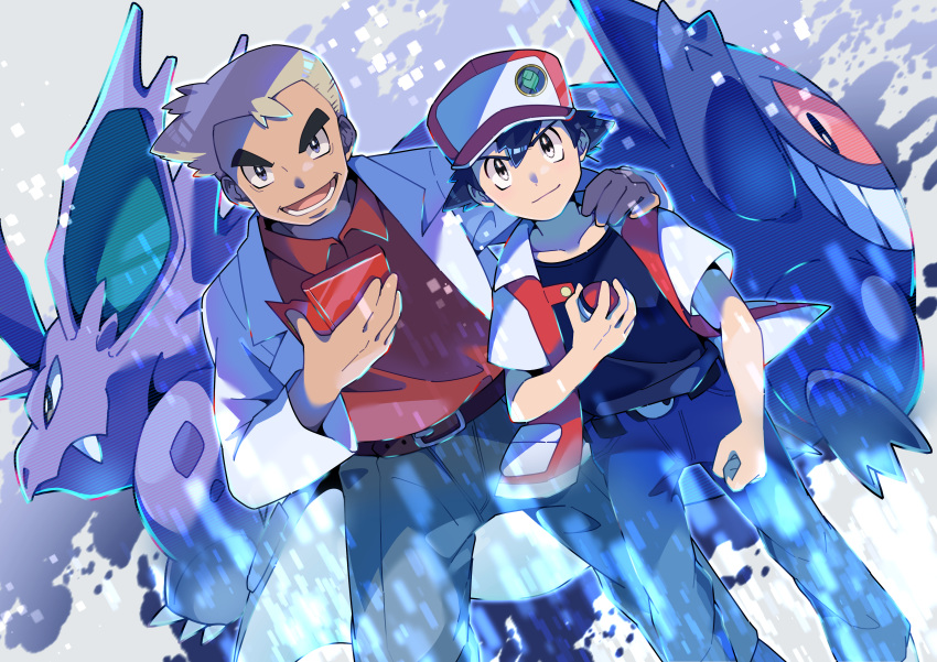 2boys absurdres baseball_cap belt black_hair commentary_request gen_1_pokemon gengar hand_on_another's_shoulder hat highres holding holding_poke_ball holding_pokedex labcoat looking_at_viewer making-of_available multiple_boys nidorino ookido_yukinari open_mouth pants poke_ball poke_ball_(generic) pokedex pokemon pokemon_(creature) pokemon_(game) pokemon_rgby pon_yui red_(pokemon) smile teeth tongue