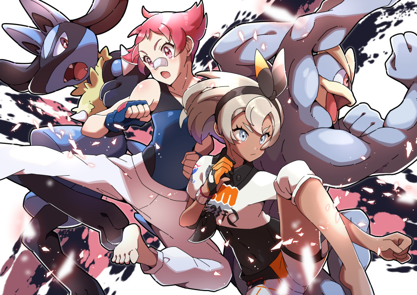 2girls absurdres bandaid bandaid_on_nose barefoot black_hairband blush bodysuit bodysuit_under_clothes bow clenched_hands closed_mouth commentary_request eyelashes feet fingerless_gloves gen_1_pokemon gen_4_pokemon gloves grey_eyes grey_hair gym_leader hair_between_eyes hairband highres lucario machamp multiple_girls open_mouth pink_eyes pink_hair pokemon pokemon_(creature) pokemon_(game) pokemon_swsh pon_yui print_shirt print_shorts saitou_(pokemon) shirt short_hair short_sleeves shorts silver_eyes single_glove sumomo_(pokemon) tied_shirt v-shaped_eyebrows