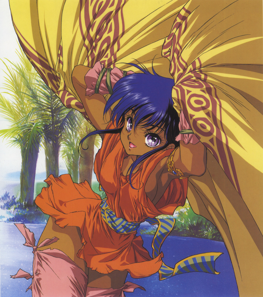 1990s_(style) 1girl armlet arms_up blanket blue_eyes blue_hair cowboy_shot dark_skin day highres kaze_no_tairiku lakshi miniskirt nature official_art open_mouth outdoors short_hair skirt sleeveless solo water yuuki_nobuteru