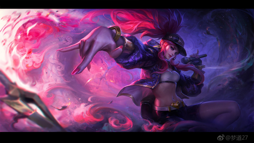 1girl akali alternate_costume artist_name bare_shoulders baseball_cap belt blue_eyes bracelet breasts choker dreamway fingerless_gloves gloves hat high_ponytail highres idol jacket jewelry k/da_(league_of_legends) k/da_akali league_of_legends long_hair looking_at_viewer microphone midriff necklace open_clothes open_jacket ponytail purple_hair red_hair sidelocks solo strapless thighs tubetop weapon