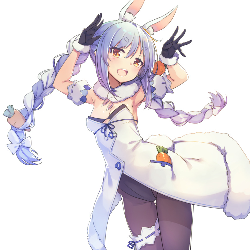 1girl animal_ear_fluff animal_ears black_gloves black_legwear black_leotard blue_hair bow braid breasts bunny_ears bunny_girl carrot_hair_ornament cleavage commentary_request cowboy_shot dress eyebrows_visible_through_hair food_themed_hair_ornament fur-trimmed_dress fur-trimmed_gloves fur_trim gloves hair_bow hair_ornament highres hololive leg_garter leotard leotard_under_clothes multicolored_hair open_mouth pantyhose pose shingo_(missing_link) simple_background small_breasts smile solo standing streaked_hair symbol-shaped_pupils thick_eyebrows thigh_gap twin_braids twintails upper_teeth usada_pekora virtual_youtuber white_background white_bow white_dress white_hair yellow_eyes