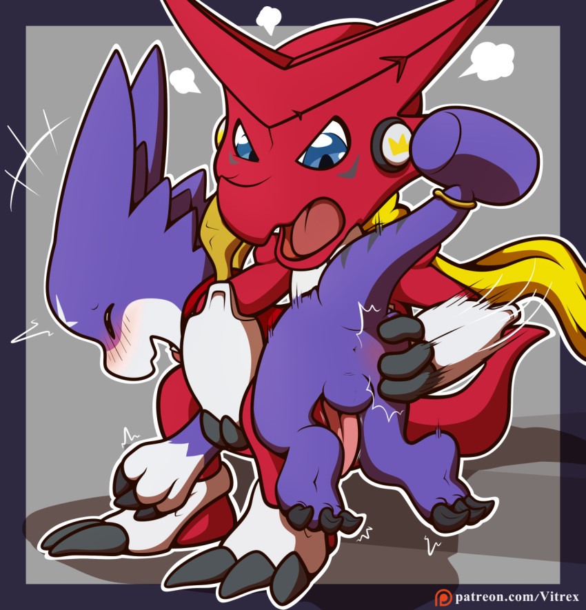 anthro anus balls blue_eyes blush butt claws digimon digimon_(species) digital_media_(artwork) duo erection genitals gumdramon hi_res male nude open_mouth penis shoutmon simple_background smile spanking text toe_claws toes tongue url vitrex wings