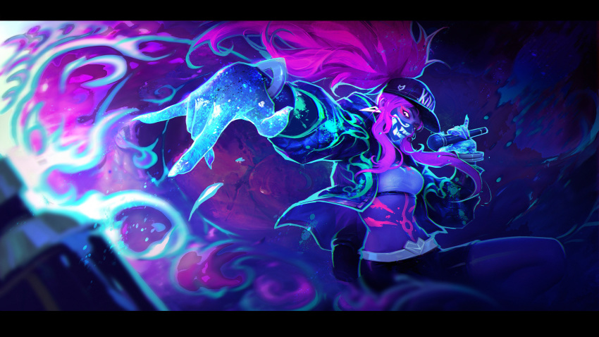 1girl akali alternate_costume bare_shoulders baseball_cap belt blue_eyes bracelet breasts choker dreamway fingerless_gloves gloves glowing glowing_eyes hat high_ponytail highres idol jacket jewelry k/da_(league_of_legends) k/da_akali league_of_legends long_hair looking_at_viewer microphone midriff necklace open_clothes open_jacket ponytail purple_hair red_hair sidelocks solo strapless thighs tubetop weapon