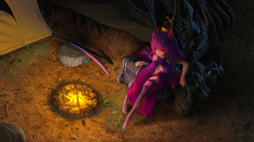 2020 5_fingers breasts clothed clothing detailed_background digital_media_(artwork) female fingers fire forest fruitbloodmilkshake grass hair hi_res humanoid night outside purple_hair sitting solo tree