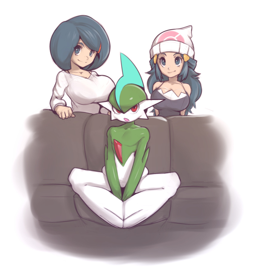 1boy 2girls ayako_(pokemon) bangs beanie blue_eyes blue_hair breasts cleavage couch gallade gen_4_pokemon hair_ornament hairclip hat highres hikari_(pokemon) huge_breasts indian_style large_breasts long_hair mature meme mother_and_daughter multiple_girls mystical on_couch piper_perri_surrounded pokemon pokemon_(anime) pokemon_(creature) pokemon_(game) pokemon_dppt pokemon_dppt_(anime) red_eyes role_reversal short_hair sitting surrounded swept_bangs you_gonna_get_raped