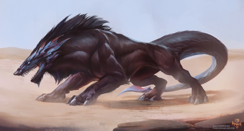 2020 4_toes alectorfencer ambiguous_gender claws day desert detailed_background digital_media_(artwork) feral hi_res open_mouth outside sky solo teeth toes unknown_species