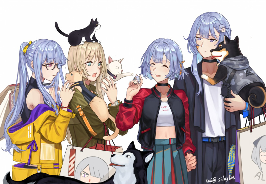 4girls ak-12_(girls_frontline) ak-15_(girls_frontline) alternate_costume alternate_hair_color alternate_hairstyle an-94_(girls_frontline) badge bag blonde_hair camouflage cat closed_eyes defy_(girls_frontline) dog girls_frontline glasses harness holding_hands hood hoodie jacket long_hair multiple_girls open_eyes playing ponytail purple_hair rpk-16_(girls_frontline) shopping_bag short_hair silayloe st_ar-15_(girls_frontline) sweat tail tail_wagging