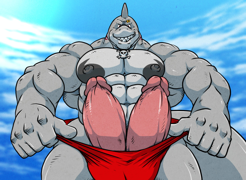 abs anthro big_muscles big_penis bulge clothing cloudscape diphallism erection fish genitals grey_body grey_skin hi_res humanoid_genitalia humanoid_penis looking_at_viewer looking_down low-angle_view male marine markshark multi_genitalia multi_penis muscular muscular_male pecs penis piercing presenting presenting_penis rackun shark showing_teeth sky smile smirk solo swimwear underwear underwear_pull