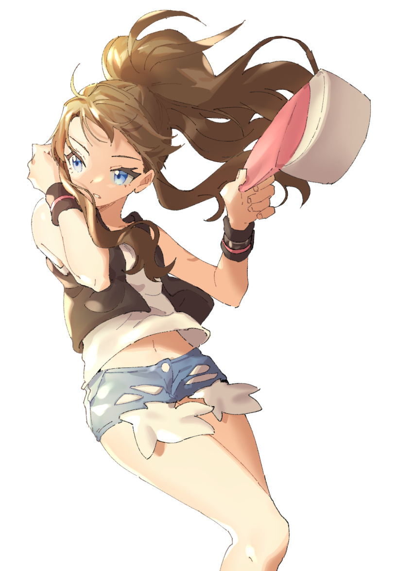 1girl ankea_(a-ramo-do) blue_eyes blue_shorts brown_hair denim denim_shorts floating_hair hat hat_removed headwear_removed highres holding holding_hat long_hair midriff navel parted_lips pokemon pokemon_(game) pokemon_bw ponytail shiny shiny_hair shirt short_shorts shorts simple_background sleeveless sleeveless_shirt solo standing stomach torn_clothes torn_shorts touko_(pokemon) very_long_hair white_background white_shirt wristband