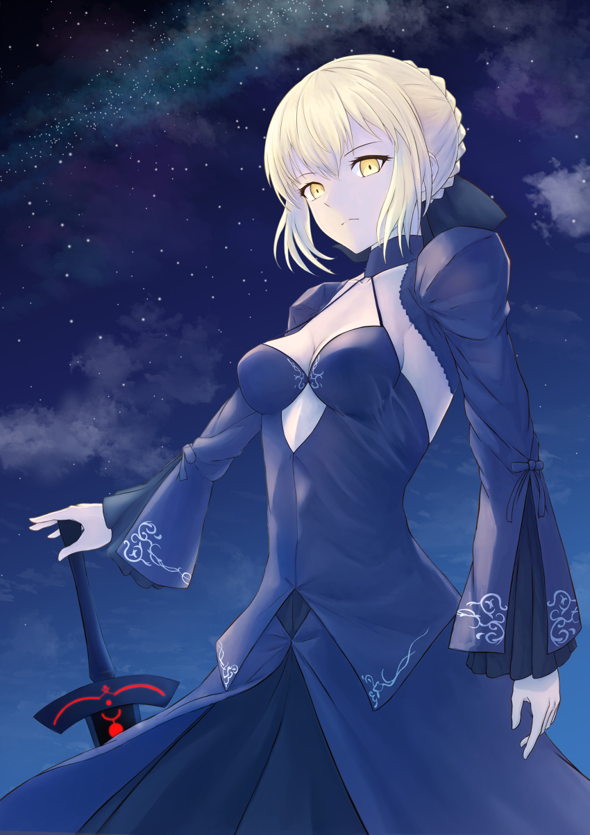 1girl absurdres artoria_pendragon_(all) black_ribbon blonde_hair breasts constricted_pupils cowboy_shot dark_excalibur dress expressionless fate/grand_order fate/stay_night fate_(series) fuwatoromonta hair_between_eyes heaven's_feel highres huge_filesize juliet_sleeves long_sleeves looking_at_viewer medium_tank nebula night night_sky puffy_sleeves ribbon saber saber_alter sky solo star_(sky) wide_sleeves yellow_eyes