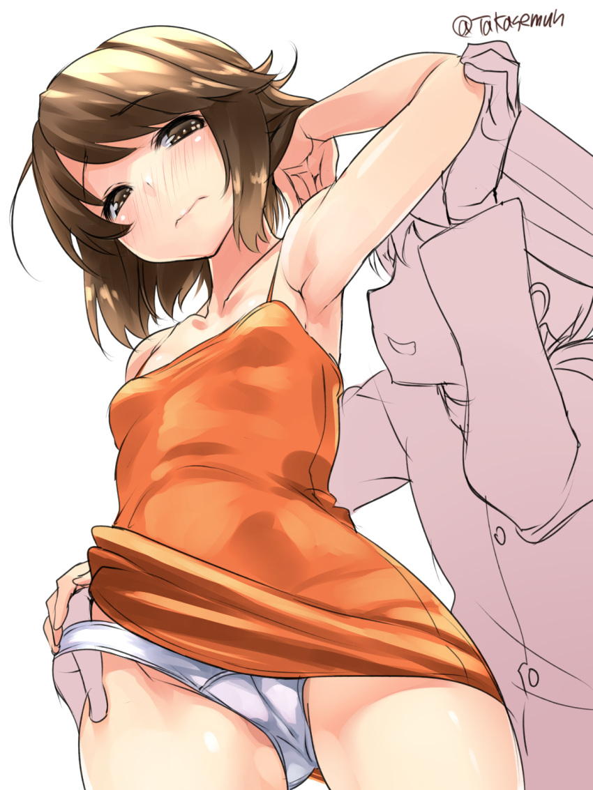 1boy 1girl admiral_(kantai_collection) alternate_costume arm_up armpits bangs blush breasts brown_eyes brown_hair cameltoe closed_mouth eyebrows_visible_through_hair faceless faceless_male from_below highres kantai_collection miyuki_(kantai_collection) nose_blush orange_tank_top panties panty_pull short_hair simple_background small_breasts takase_muu tank_top twitter_username underwear white_background white_panties