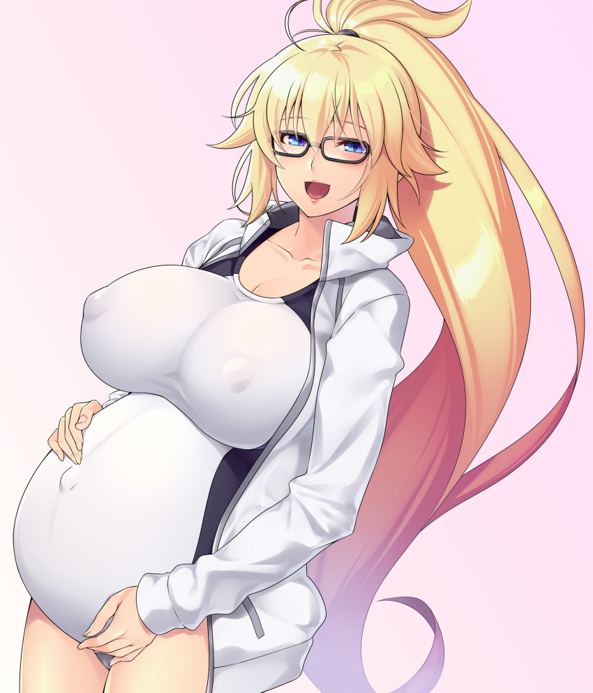 1girl 846-gou absurdres bangs blonde_hair blue_eyes blush breasts cleavage fate/grand_order fate_(series) glasses highres jacket jeanne_d'arc_(fate)_(all) jeanne_d'arc_(swimsuit_archer) large_breasts long_hair long_sleeves looking_at_viewer one-piece_swimsuit open_clothes open_jacket open_mouth ponytail pregnant smile swimsuit very_long_hair white_jacket white_swimsuit