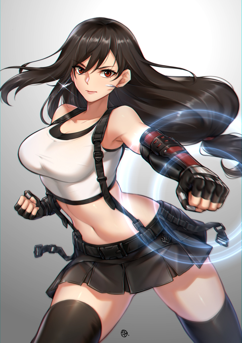 1girl absurdres bangs bare_shoulders belt black_gloves black_hair black_legwear black_skirt blush breasts choukoukou_no_diaosi cleavage closed_mouth collarbone earrings elbow_gloves elbow_pads fighting_stance final_fantasy final_fantasy_vii final_fantasy_vii_remake fingerless_gloves gloves highres jewelry large_breasts long_hair looking_at_viewer low-tied_long_hair miniskirt pleated_skirt punching red_eyes shirt skirt suspender_skirt suspenders tank_top taut_clothes taut_shirt thighhighs thighs tifa_lockhart white_tank_top